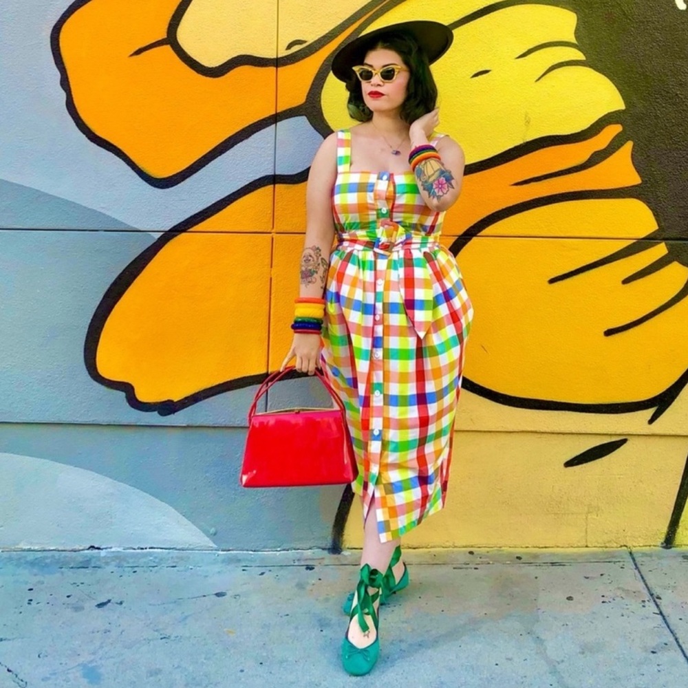 Colorful Gingham Button-Front Midi Dress - Yellow Multi